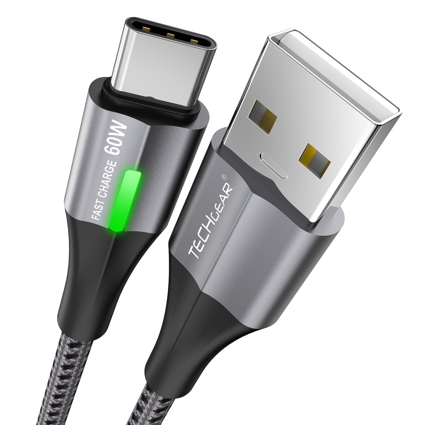 TECHGEAR 60 W USB-A to USB-C Fast Charging Cable with LED Light – 3A QC 3.0, Nylon Braided, 0.3 m | 1 m | 2 m | 3 m | 2 Pack | 3 Pack