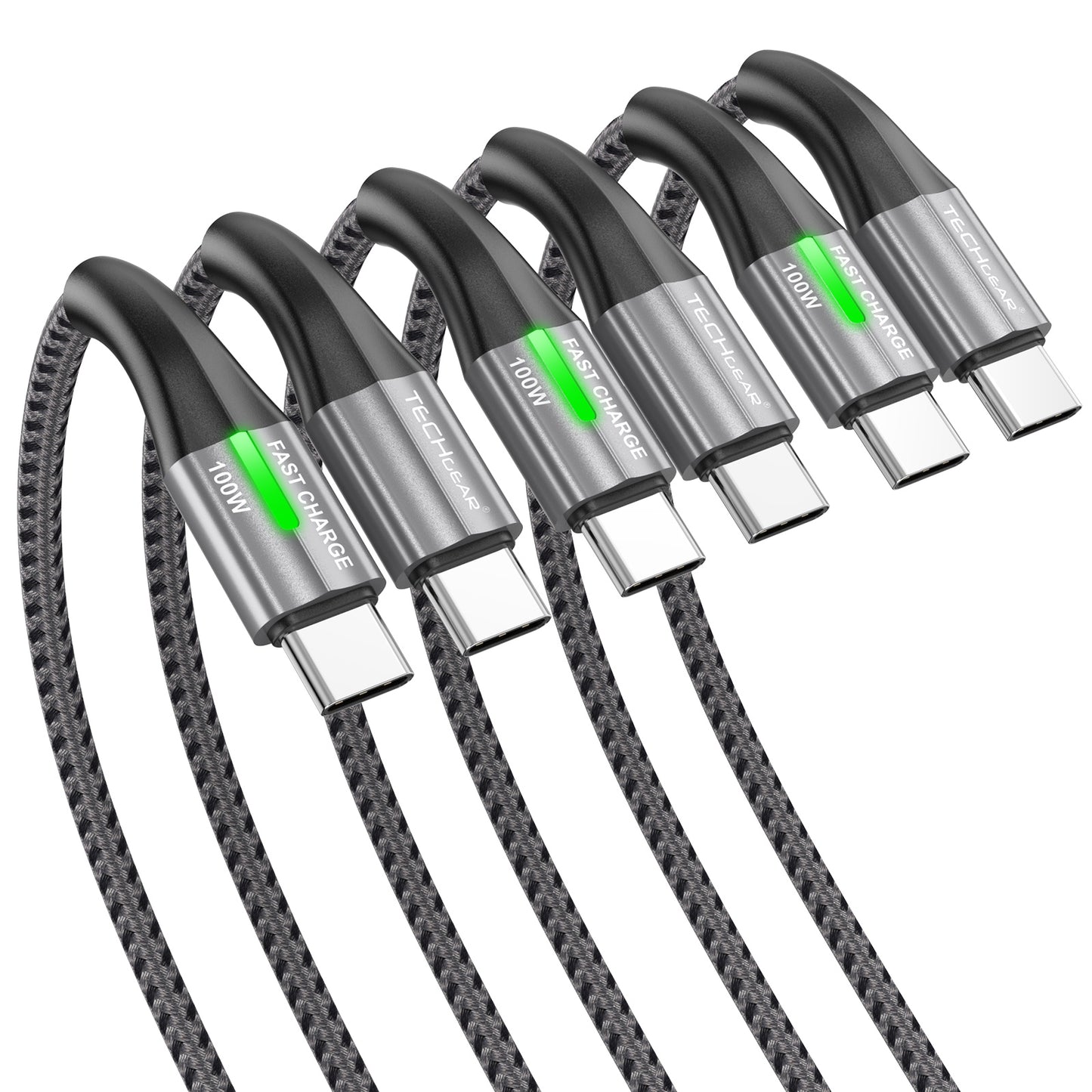 TECHGEAR 100 W USB-C to USB-C Fast Charging Cable with LED Power Display – PD 3.0 / QC 4.0 E-Marker, Nylon Braided – 0.3 m | 1 m | 2 m | 3 m | 2 Pack | 3 Pack