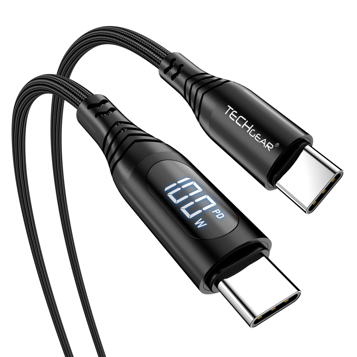 TECHGEAR 100W USB-C to USB-C Fast Charging Cable with LED Power Display – PD3.0 / QC4.0, Nylon Braided, E-Marker Chip, 30cm | 1m | 2m | 3m