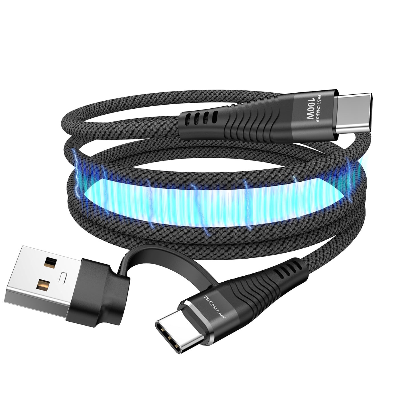 TECHGEAR Magnetic 2-in-1 100 W USB-A/C to USB-C Fast Charging Coiling Cable – 5 A PD 3.0 / QC 4.0, Nylon Braided – Black | White – 0.3 m | 1 m | 2 m
