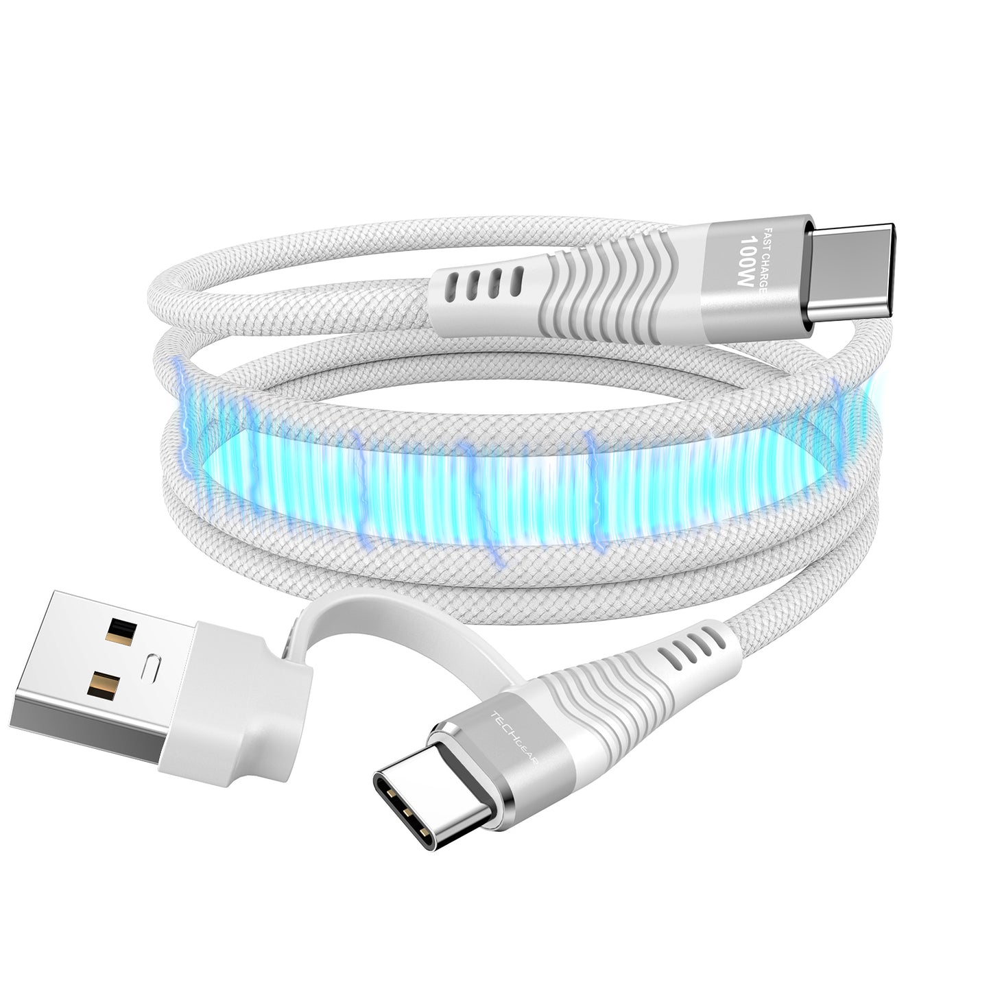 TECHGEAR Magnetic 2-in-1 100 W USB-A/C to USB-C Fast Charging Coiling Cable – 5 A PD 3.0 / QC 4.0, Nylon Braided – Black | White – 0.3 m | 1 m | 2 m