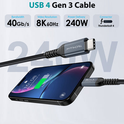 TECHGEAR USB4 Gen 3 (Thunderbolt 4/3) Cable 240W PD3.1 40 Gbps Data 8K Video – E-Marker, Nylon Braided – 0.3 m | 1 m | 2 m