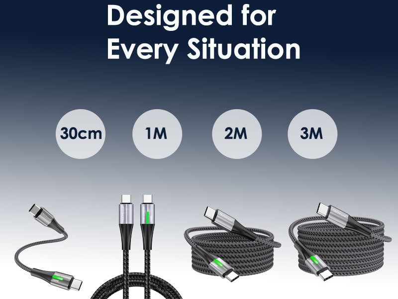 TECHGEAR 100 W USB-C to USB-C Fast Charging Cable with LED Power Display – PD 3.0 / QC 4.0 E-Marker, Nylon Braided – 0.3 m | 1 m | 2 m | 3 m | 2 Pack | 3 Pack