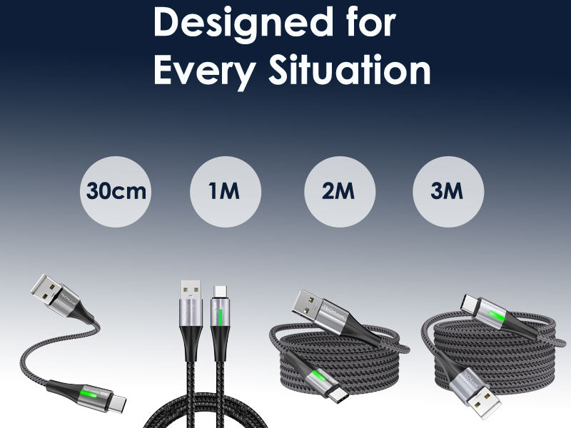 TECHGEAR 60 W USB-A to USB-C Fast Charging Cable with LED Light – 3A QC 3.0, Nylon Braided, 0.3 m | 1 m | 2 m | 3 m | 2 Pack | 3 Pack