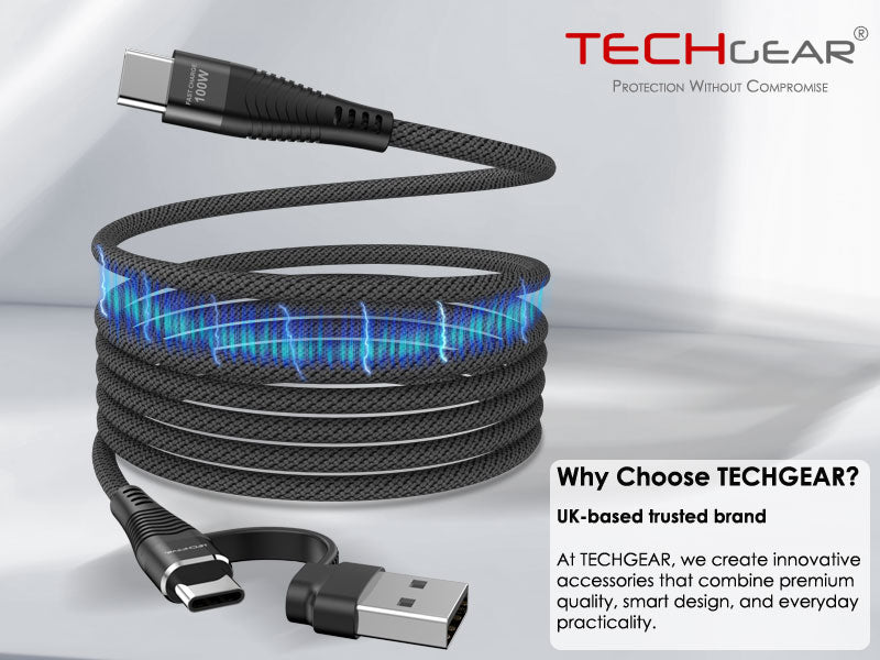 TECHGEAR Magnetic 2-in-1 100 W USB-A/C to USB-C Fast Charging Coiling Cable – 5 A PD 3.0 / QC 4.0, Nylon Braided – Black | White – 0.3 m | 1 m | 2 m
