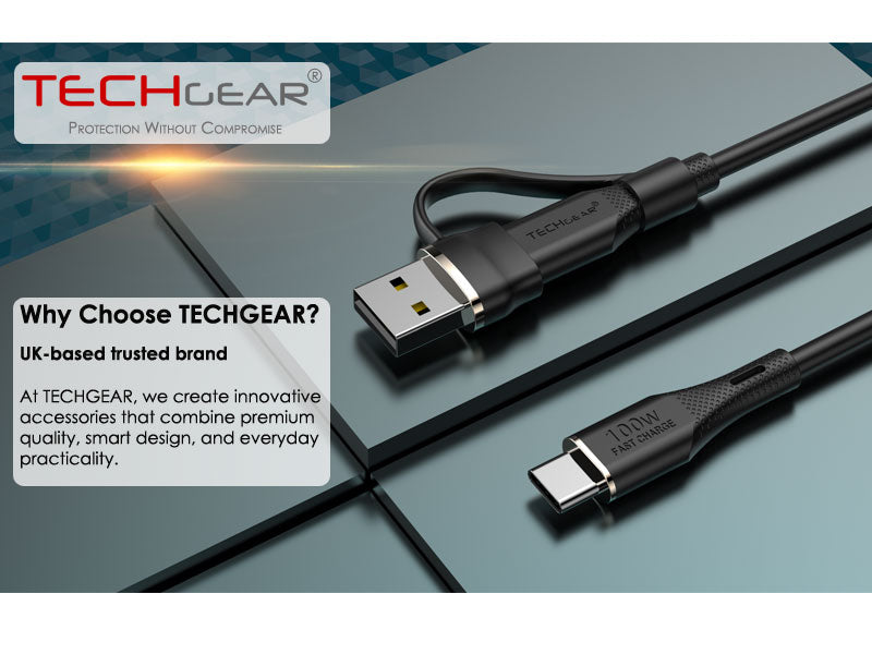 TECHGEAR 2-in-1 100 W USB-A/C to USB-C Soft Silicone Fast Charging Cable – Tangle-Free, PD 3.0/QC 4.0, E-Marker – Black | Red | White – 30 cm | 1 m | 2 m | 3 m | 2 Pack | 3 Pack