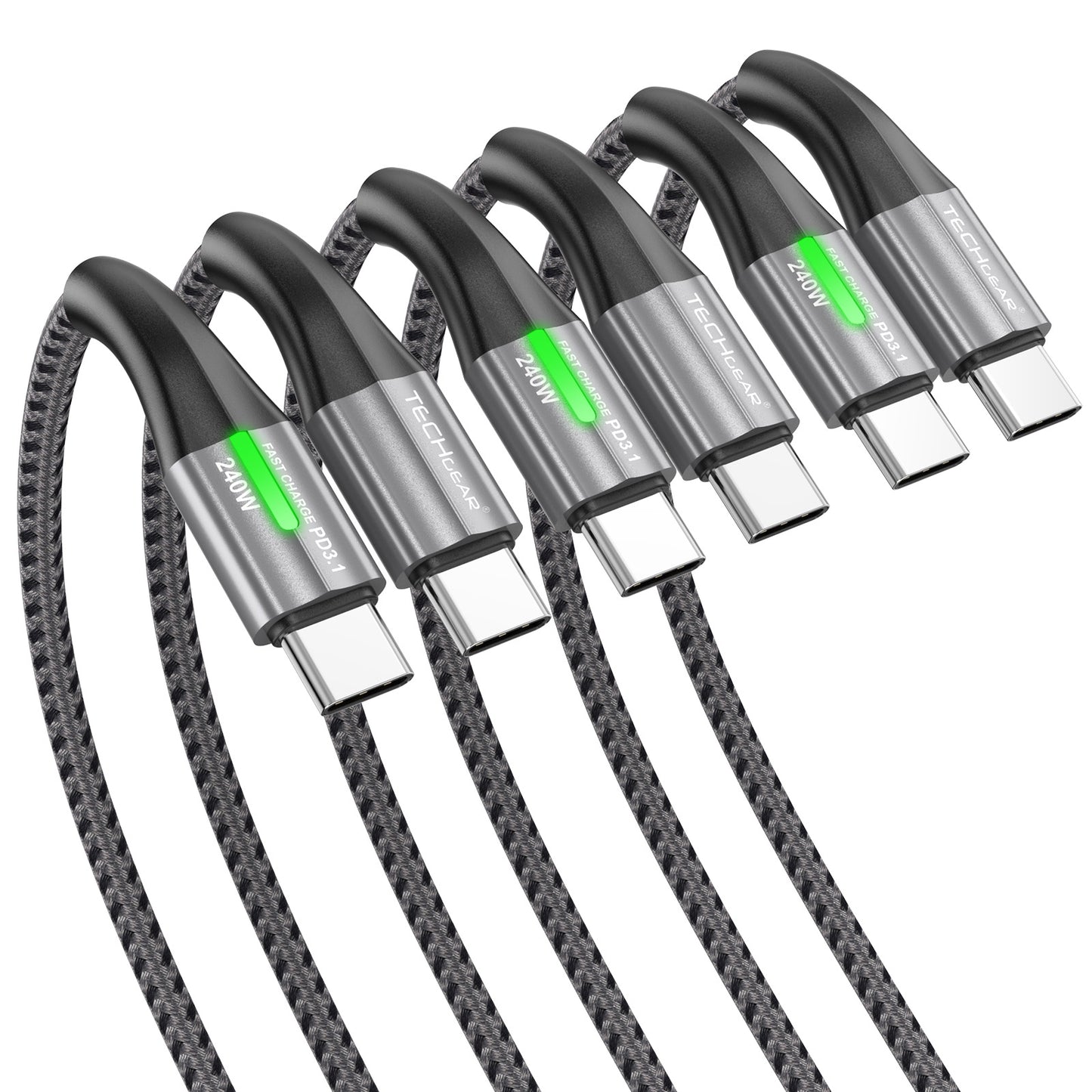 TECHGEAR 240 W USB-C to USB-C Super Fast Charging Cable with LED Light – PD 3.1 / 48 V 5 A, E-Marker, Nylon Braided – 0.3 m | 1 m | 2 m | 3 m | 2 Pack | 3 Pack
