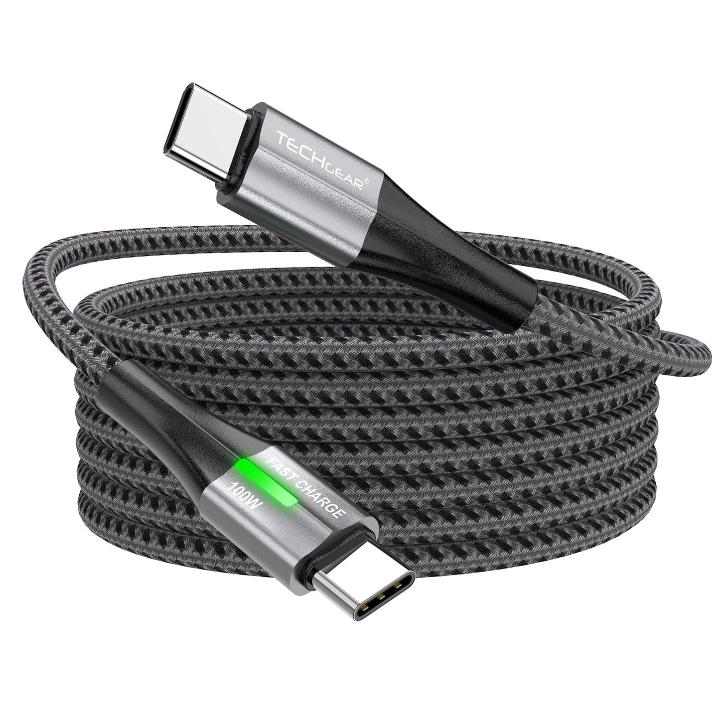TECHGEAR 100 W USB-C to USB-C Fast Charging Cable with LED Power Display – PD 3.0 / QC 4.0 E-Marker, Nylon Braided – 0.3 m | 1 m | 2 m | 3 m | 2 Pack | 3 Pack
