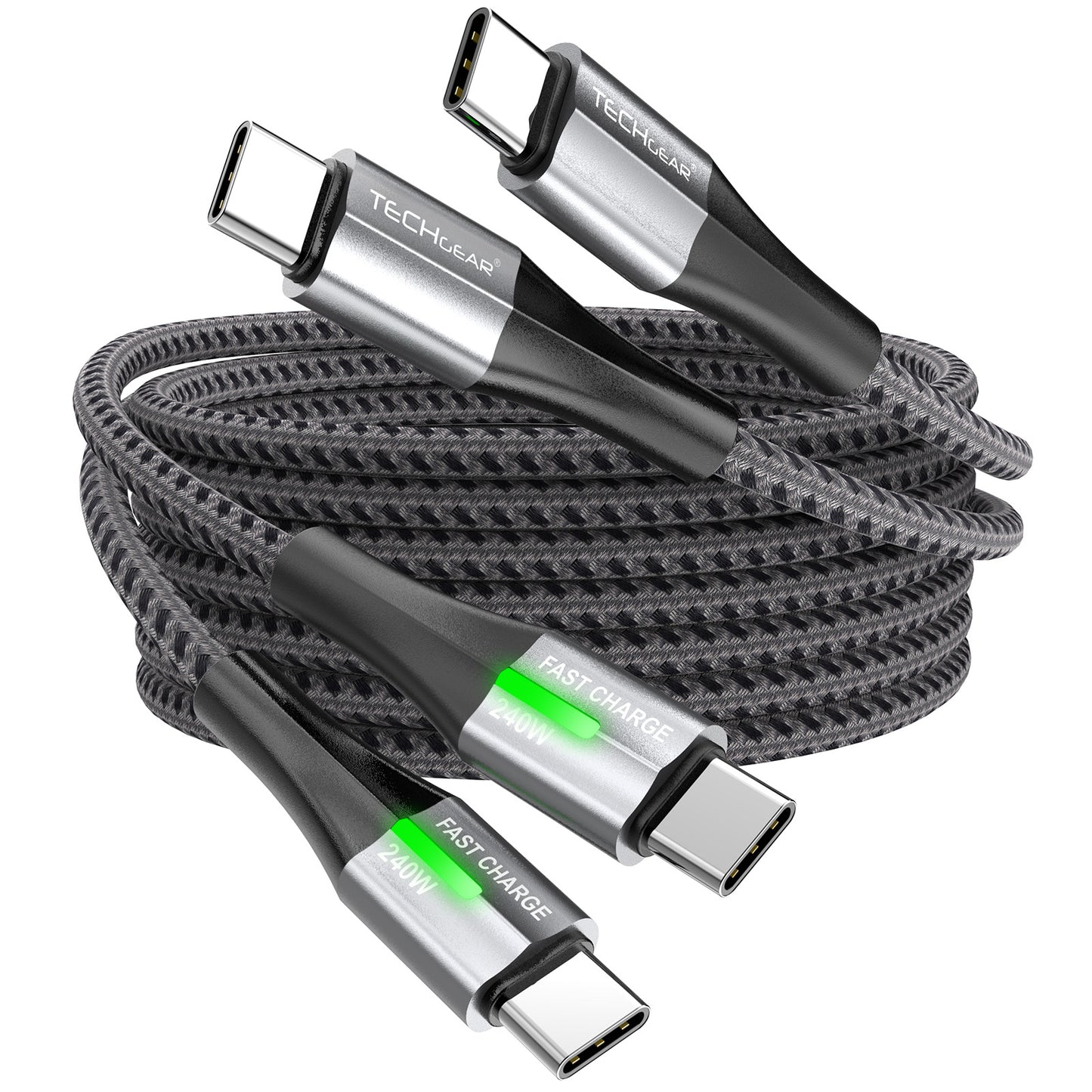 TECHGEAR 240 W USB-C to USB-C Super Fast Charging Cable with LED Light – PD 3.1 / 48 V 5 A, E-Marker, Nylon Braided – 0.3 m | 1 m | 2 m | 3 m | 2 Pack | 3 Pack