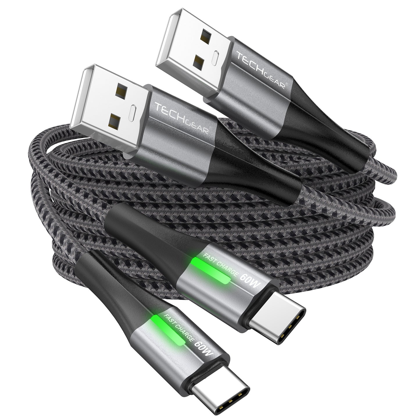 TECHGEAR 60 W USB-A to USB-C Fast Charging Cable with LED Light – 3A QC 3.0, Nylon Braided, 0.3 m | 1 m | 2 m | 3 m | 2 Pack | 3 Pack
