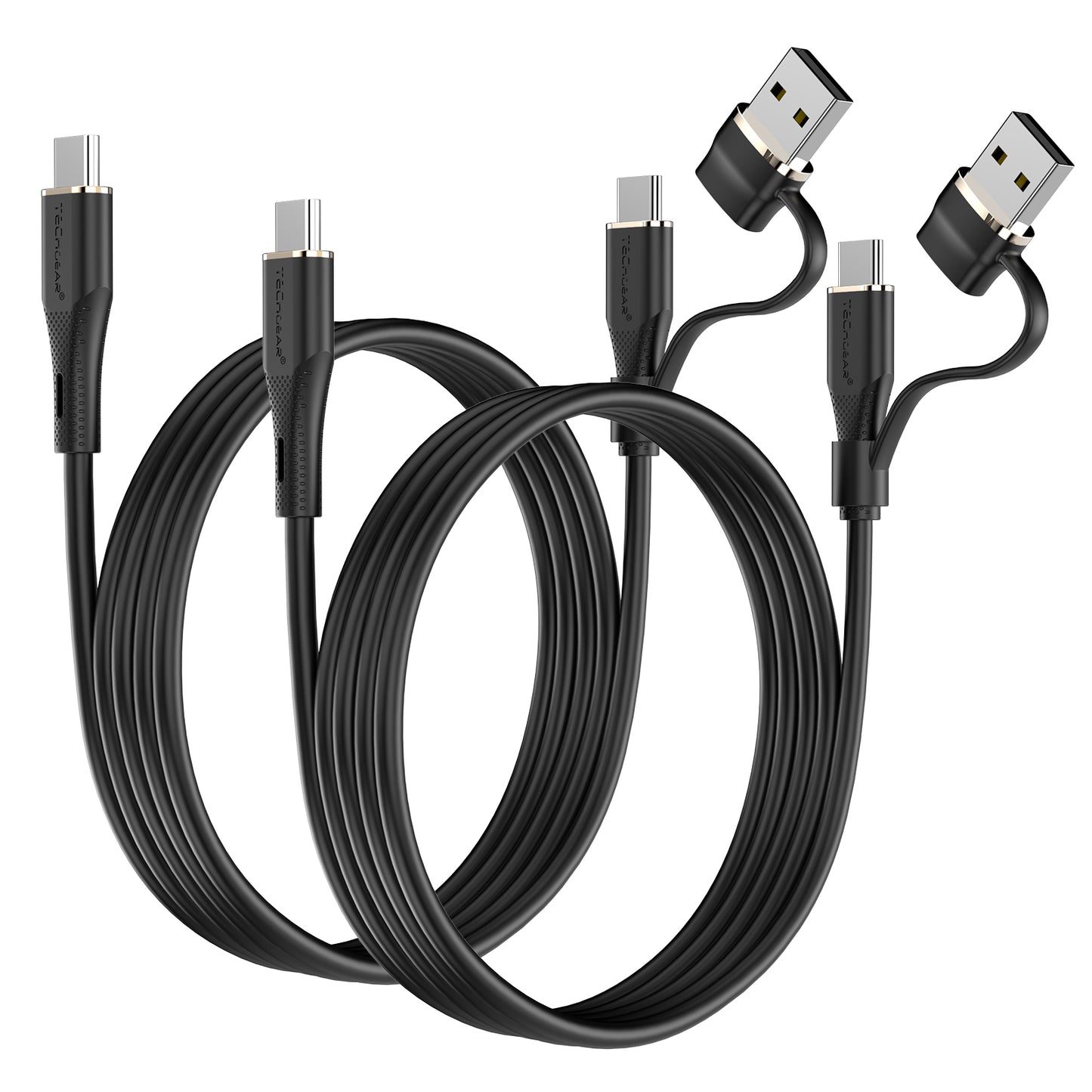 TECHGEAR 2-in-1 100 W USB-A/C to USB-C Soft Silicone Fast Charging Cable – Tangle-Free, PD 3.0/QC 4.0, E-Marker – Black | Red | White – 30 cm | 1 m | 2 m | 3 m | 2 Pack | 3 Pack
