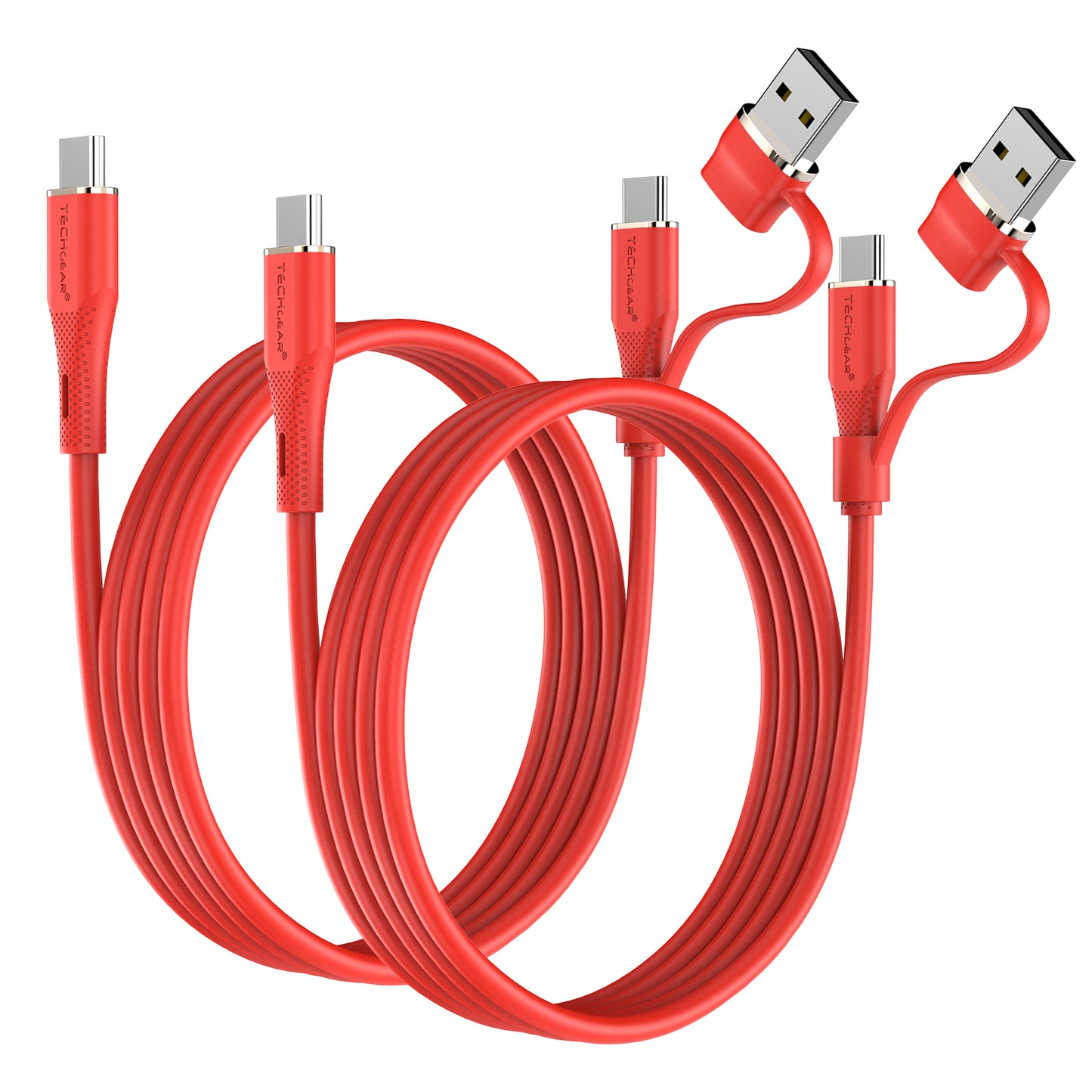 TECHGEAR 2-in-1 100 W USB-A/C to USB-C Soft Silicone Fast Charging Cable – Tangle-Free, PD 3.0/QC 4.0, E-Marker – Black | Red | White – 30 cm | 1 m | 2 m | 3 m | 2 Pack | 3 Pack