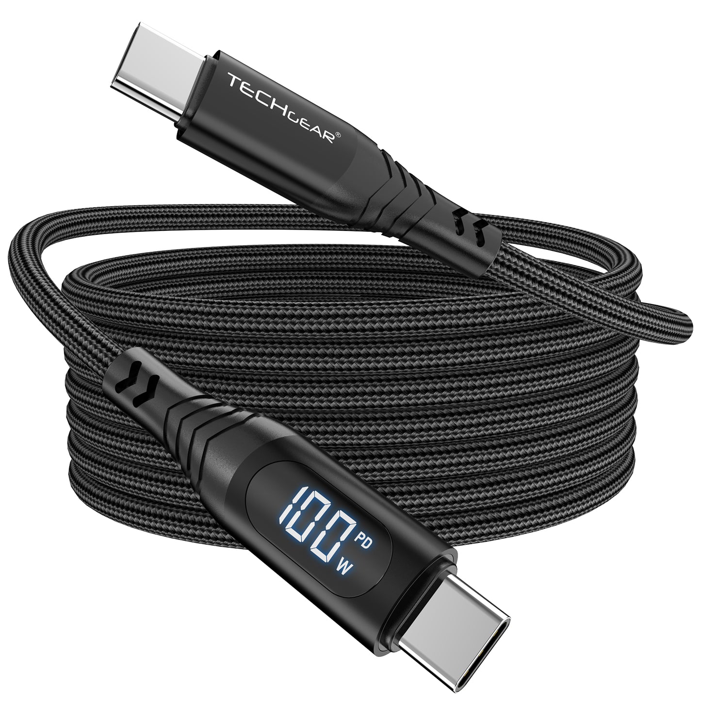 TECHGEAR 100W USB-C to USB-C Fast Charging Cable with LED Power Display – PD3.0 / QC4.0, Nylon Braided, E-Marker Chip, 30cm | 1m | 2m | 3m