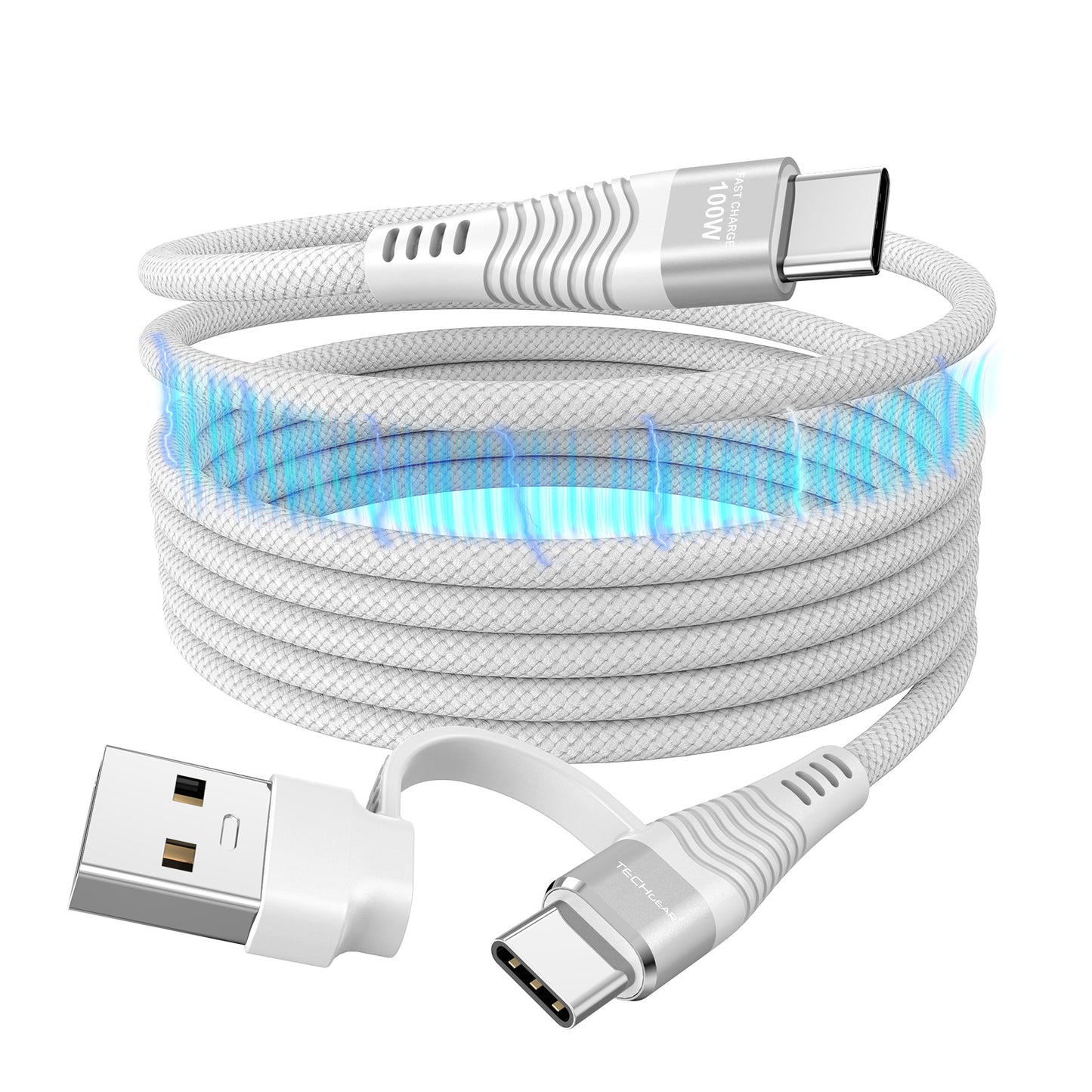 TECHGEAR Magnetic 2-in-1 100 W USB-A/C to USB-C Fast Charging Coiling Cable – 5 A PD 3.0 / QC 4.0, Nylon Braided – Black | White – 0.3 m | 1 m | 2 m