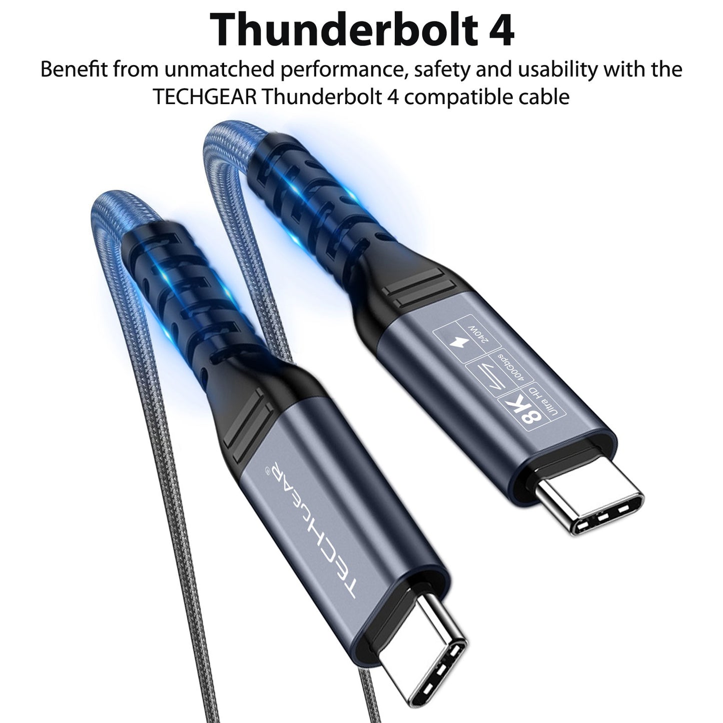TECHGEAR USB4 Gen 3 (Thunderbolt 4/3) Cable 240W PD3.1 40 Gbps Data 8K Video – E-Marker, Nylon Braided – 0.3 m | 1 m | 2 m