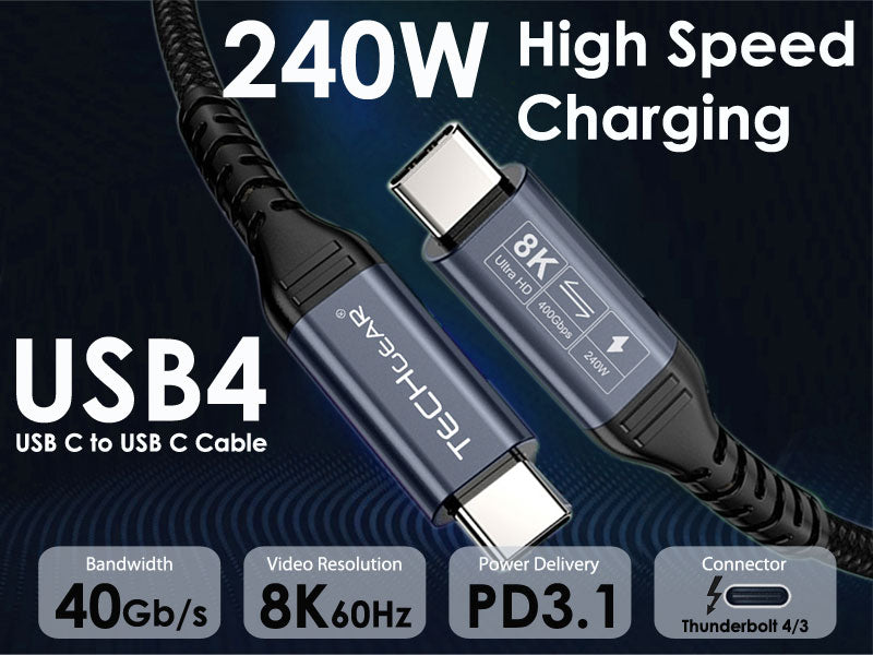 TECHGEAR USB4 Gen 3 (Thunderbolt 4/3) Cable 240W PD3.1 40 Gbps Data 8K Video – E-Marker, Nylon Braided – 0.3 m | 1 m | 2 m