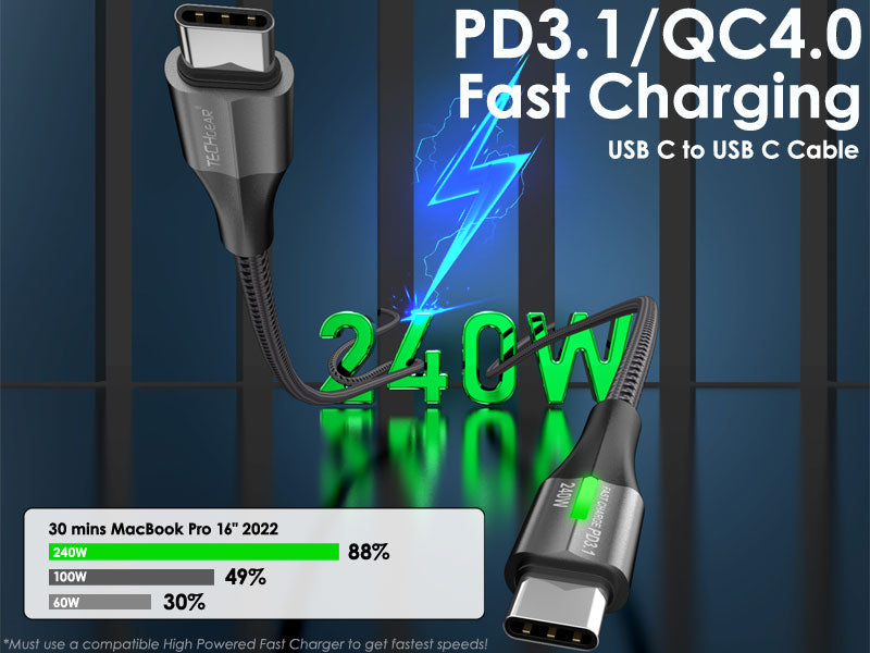 TECHGEAR 240 W USB-C to USB-C Super Fast Charging Cable with LED Light – PD 3.1 / 48 V 5 A, E-Marker, Nylon Braided – 0.3 m | 1 m | 2 m | 3 m | 2 Pack | 3 Pack