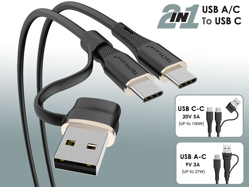 TECHGEAR 2-in-1 100 W USB-A/C to USB-C Soft Silicone Fast Charging Cable – Tangle-Free, PD 3.0/QC 4.0, E-Marker – Black | Red | White – 30 cm | 1 m | 2 m | 3 m | 2 Pack | 3 Pack