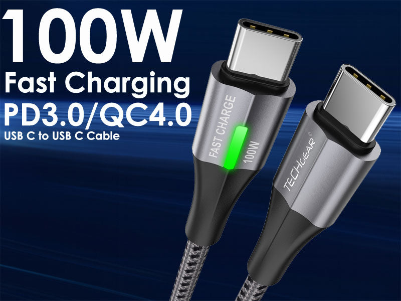 TECHGEAR 100 W USB-C to USB-C Fast Charging Cable with LED Power Display – PD 3.0 / QC 4.0 E-Marker, Nylon Braided – 0.3 m | 1 m | 2 m | 3 m | 2 Pack | 3 Pack