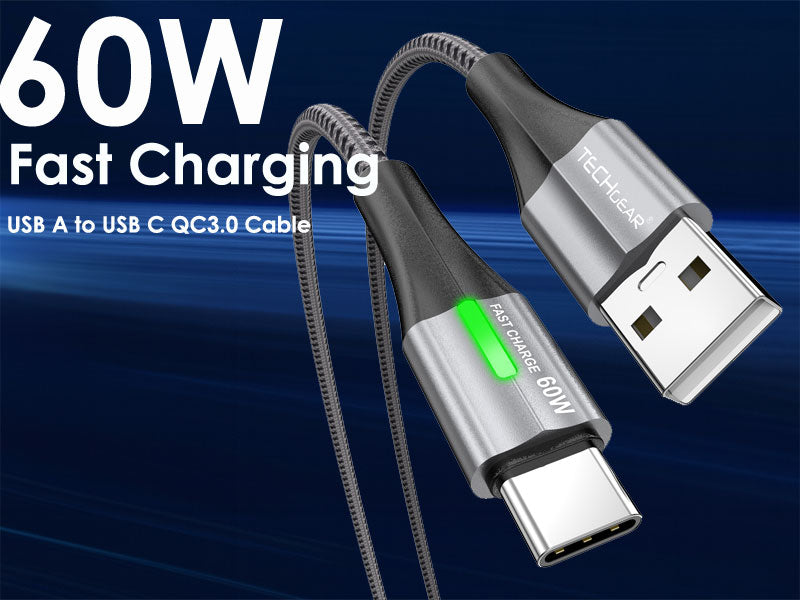 TECHGEAR 60 W USB-A to USB-C Fast Charging Cable with LED Light – 3A QC 3.0, Nylon Braided, 0.3 m | 1 m | 2 m | 3 m | 2 Pack | 3 Pack