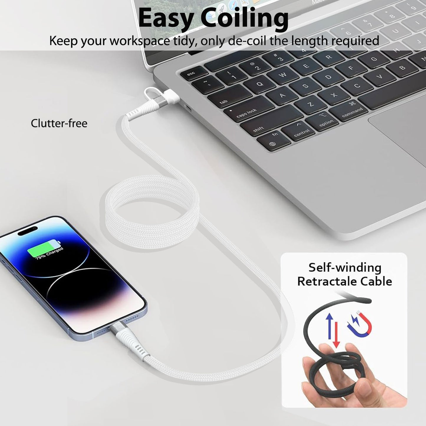 TECHGEAR Magnetic 2-in-1 100 W USB-A/C to USB-C Fast Charging Coiling Cable – 5 A PD 3.0 / QC 4.0, Nylon Braided – Black | White – 0.3 m | 1 m | 2 m