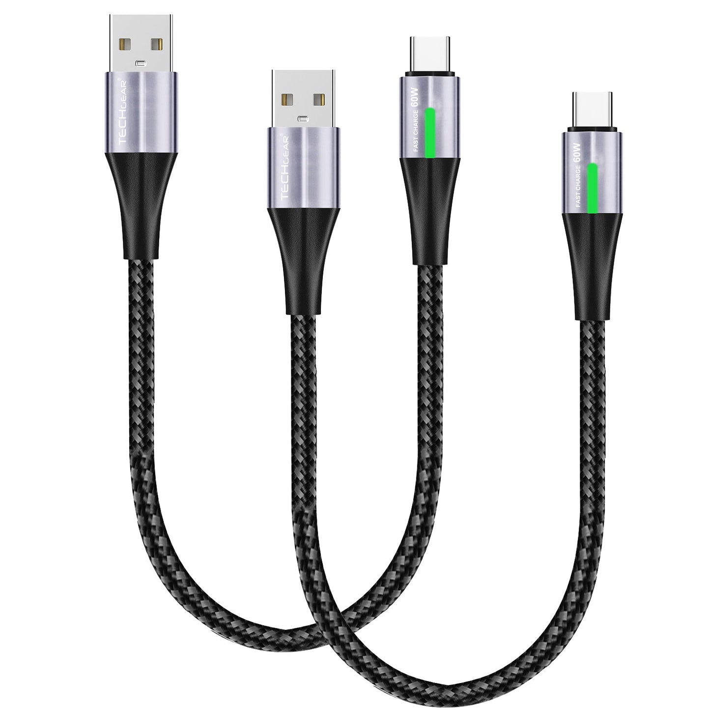 TECHGEAR 60 W USB-A to USB-C Fast Charging Cable with LED Light – 3A QC 3.0, Nylon Braided, 0.3 m | 1 m | 2 m | 3 m | 2 Pack | 3 Pack
