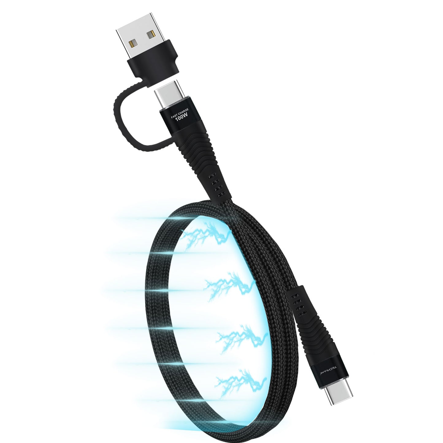 TECHGEAR Magnetic 2-in-1 100 W USB-A/C to USB-C Fast Charging Coiling Cable – 5 A PD 3.0 / QC 4.0, Nylon Braided – Black | White – 0.3 m | 1 m | 2 m