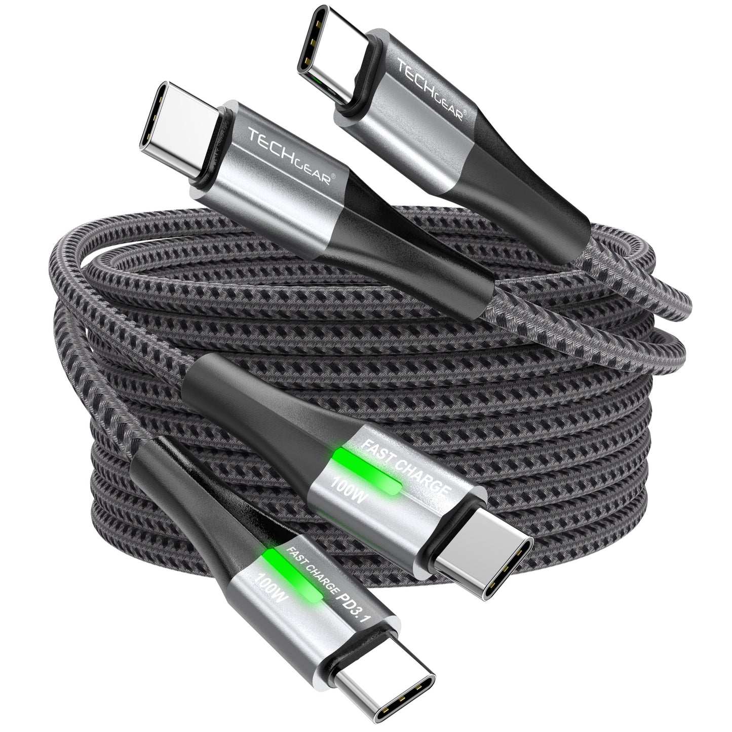 TECHGEAR 100 W USB-C to USB-C Fast Charging Cable with LED Power Display – PD 3.0 / QC 4.0 E-Marker, Nylon Braided – 0.3 m | 1 m | 2 m | 3 m | 2 Pack | 3 Pack