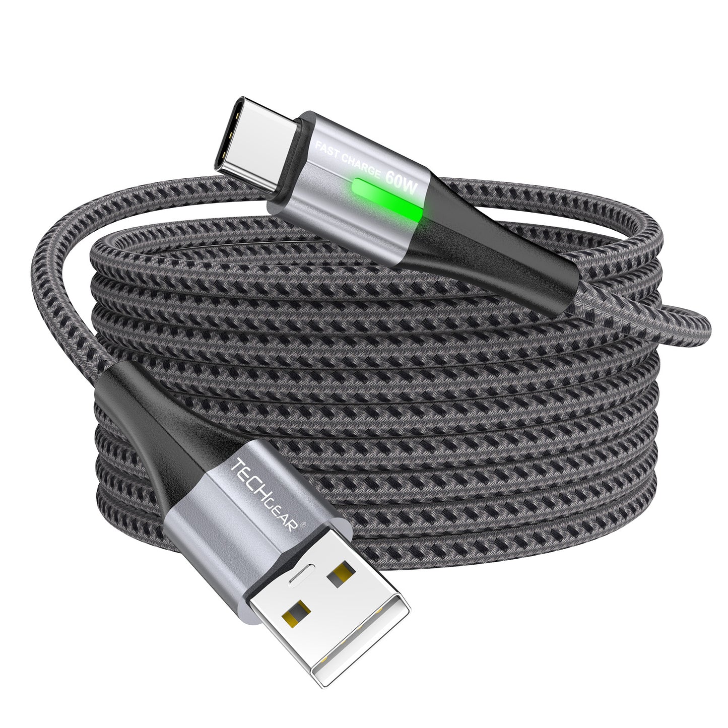 TECHGEAR 60 W USB-A to USB-C Fast Charging Cable with LED Light – 3A QC 3.0, Nylon Braided, 0.3 m | 1 m | 2 m | 3 m | 2 Pack | 3 Pack