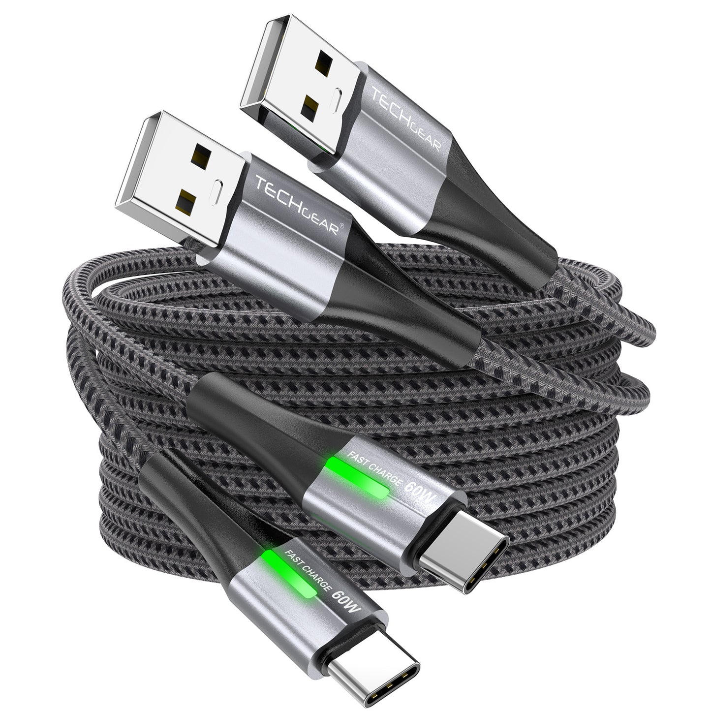 TECHGEAR 60 W USB-A to USB-C Fast Charging Cable with LED Light – 3A QC 3.0, Nylon Braided, 0.3 m | 1 m | 2 m | 3 m | 2 Pack | 3 Pack
