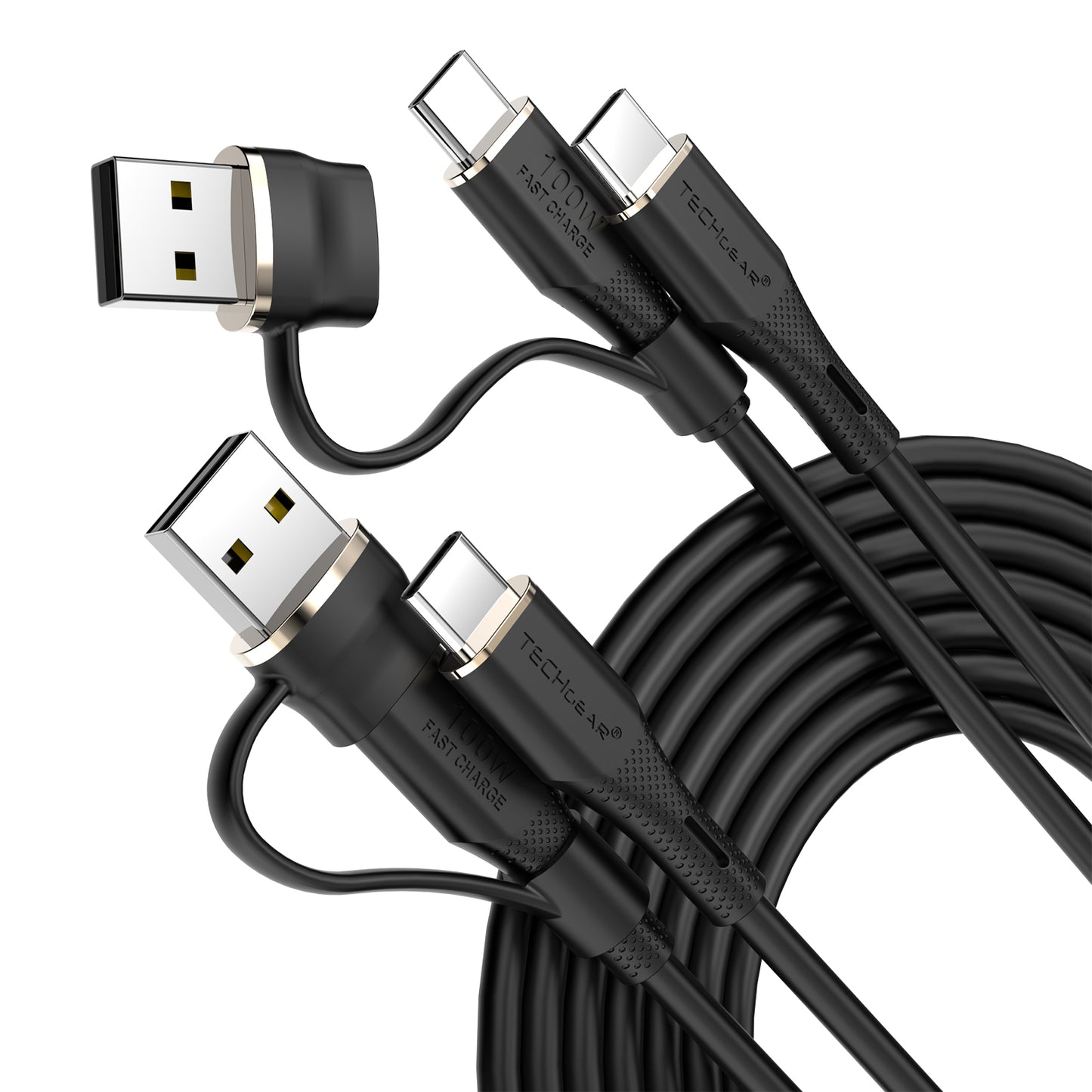 TECHGEAR 2-in-1 100 W USB-A/C to USB-C Soft Silicone Fast Charging Cable – Tangle-Free, PD 3.0/QC 4.0, E-Marker – Black | Red | White – 30 cm | 1 m | 2 m | 3 m | 2 Pack | 3 Pack