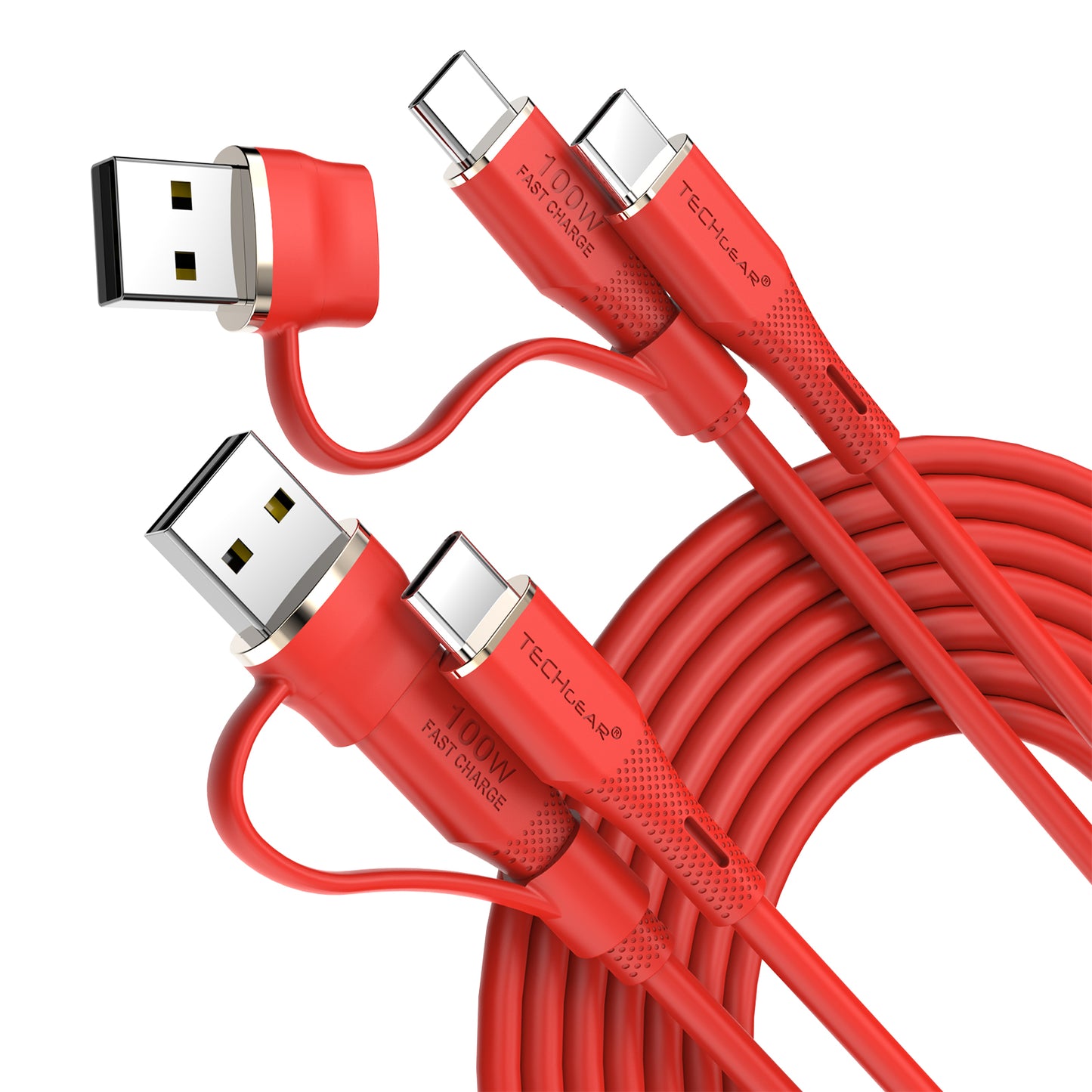TECHGEAR 2-in-1 100 W USB-A/C to USB-C Soft Silicone Fast Charging Cable – Tangle-Free, PD 3.0/QC 4.0, E-Marker – Black | Red | White – 30 cm | 1 m | 2 m | 3 m | 2 Pack | 3 Pack