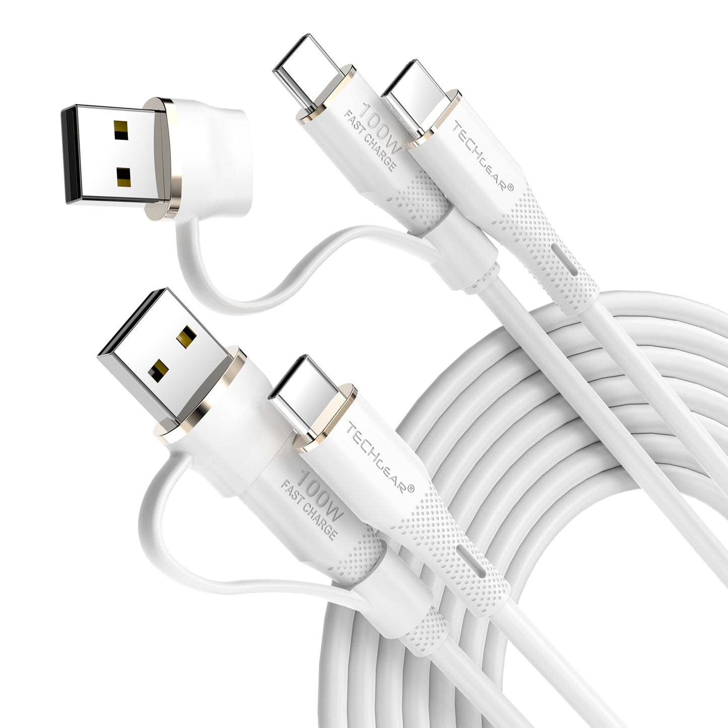 TECHGEAR 2-in-1 100 W USB-A/C to USB-C Soft Silicone Fast Charging Cable – Tangle-Free, PD 3.0/QC 4.0, E-Marker – Black | Red | White – 30 cm | 1 m | 2 m | 3 m | 2 Pack | 3 Pack