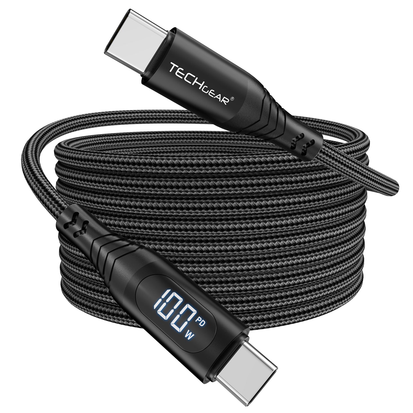 TECHGEAR 100W USB-C to USB-C Fast Charging Cable with LED Power Display – PD3.0 / QC4.0, Nylon Braided, E-Marker Chip, 30cm | 1m | 2m | 3m