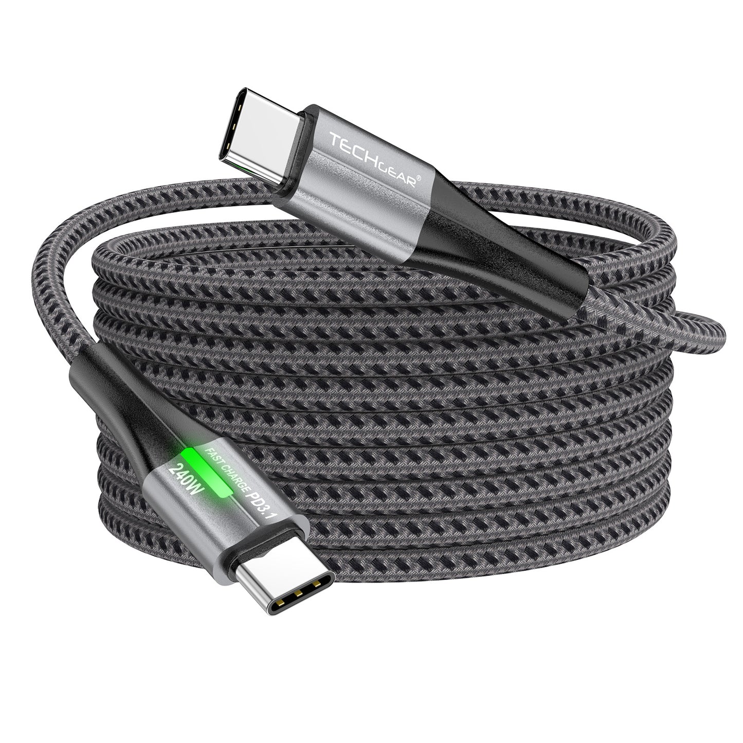 TECHGEAR 240 W USB-C to USB-C Super Fast Charging Cable with LED Light – PD 3.1 / 48 V 5 A, E-Marker, Nylon Braided – 0.3 m | 1 m | 2 m | 3 m | 2 Pack | 3 Pack