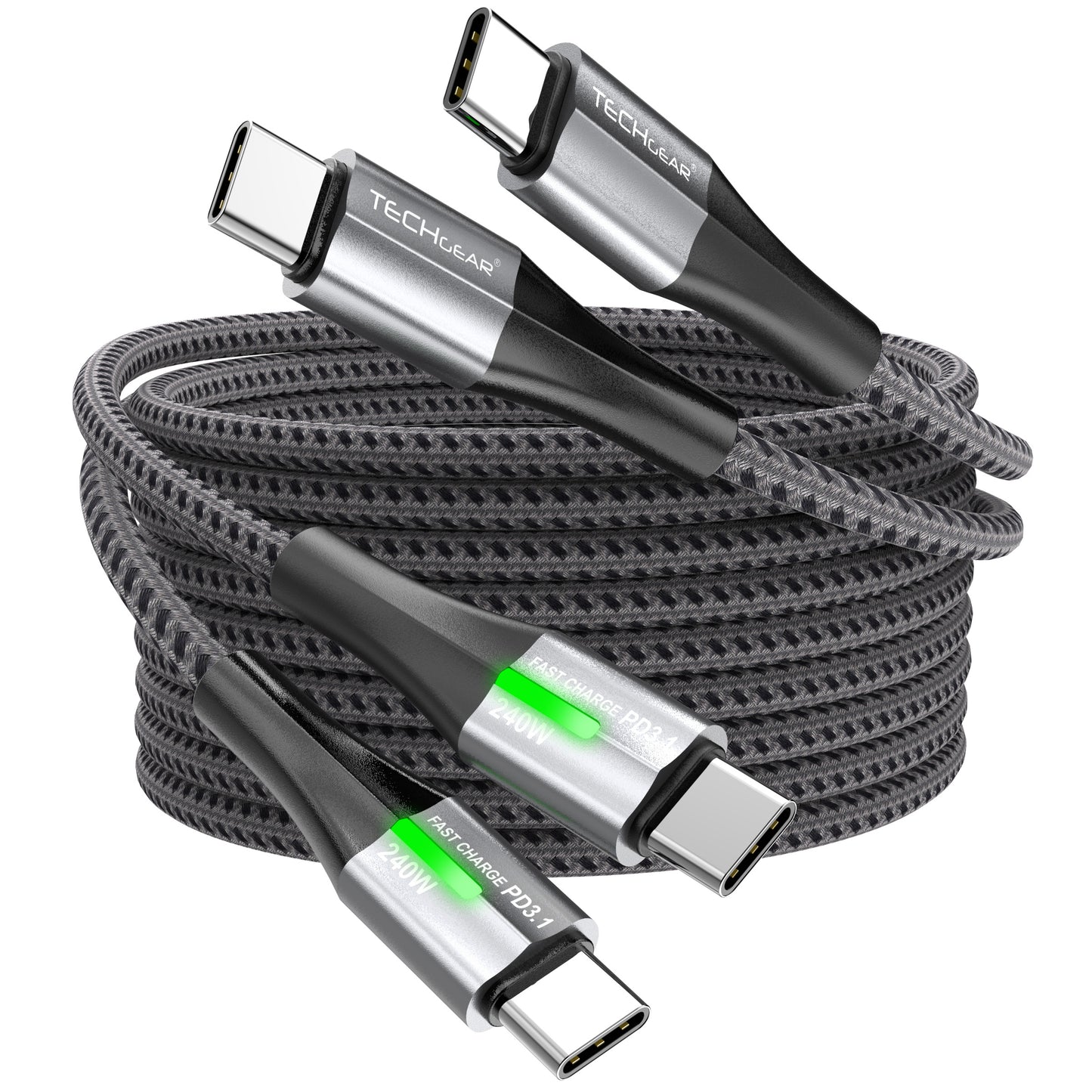 TECHGEAR 240 W USB-C to USB-C Super Fast Charging Cable with LED Light – PD 3.1 / 48 V 5 A, E-Marker, Nylon Braided – 0.3 m | 1 m | 2 m | 3 m | 2 Pack | 3 Pack