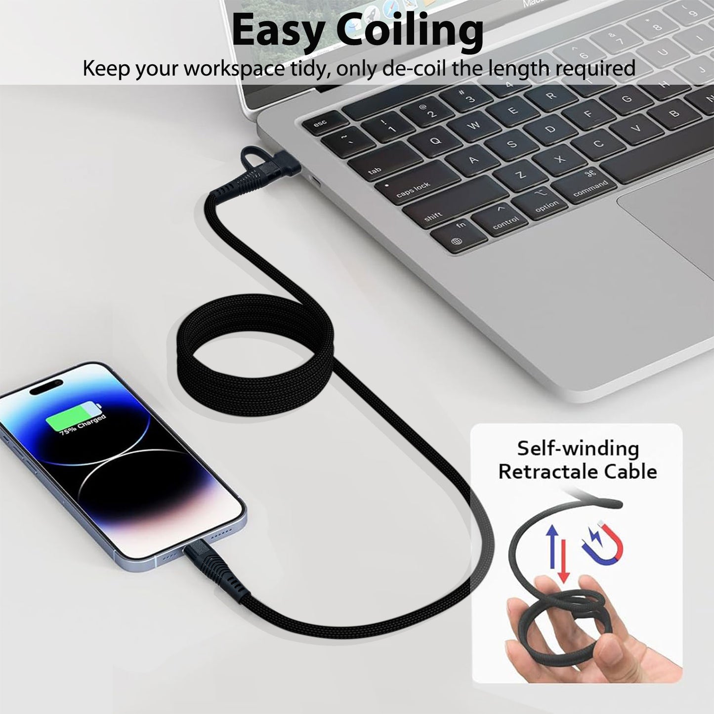 TECHGEAR Magnetic 2-in-1 100 W USB-A/C to USB-C Fast Charging Coiling Cable – 5 A PD 3.0 / QC 4.0, Nylon Braided – Black | White – 0.3 m | 1 m | 2 m
