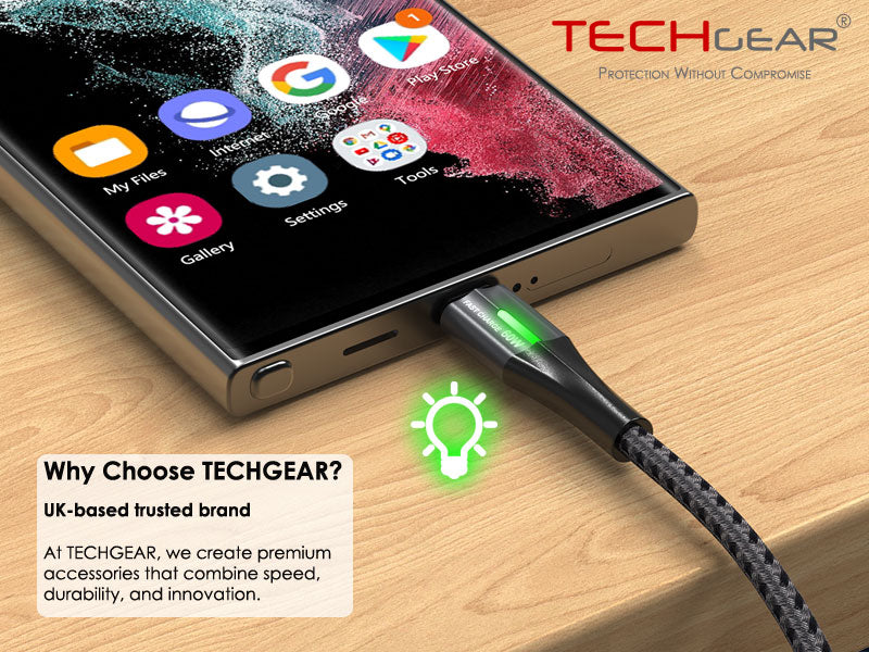 TECHGEAR 60 W USB-A to USB-C Fast Charging Cable with LED Light – 3A QC 3.0, Nylon Braided, 0.3 m | 1 m | 2 m | 3 m | 2 Pack | 3 Pack