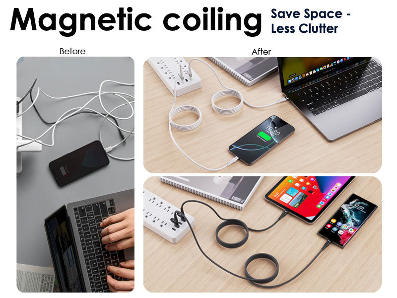 TECHGEAR Magnetic 2-in-1 100 W USB-A/C to USB-C Fast Charging Coiling Cable – 5 A PD 3.0 / QC 4.0, Nylon Braided – Black | White – 0.3 m | 1 m | 2 m