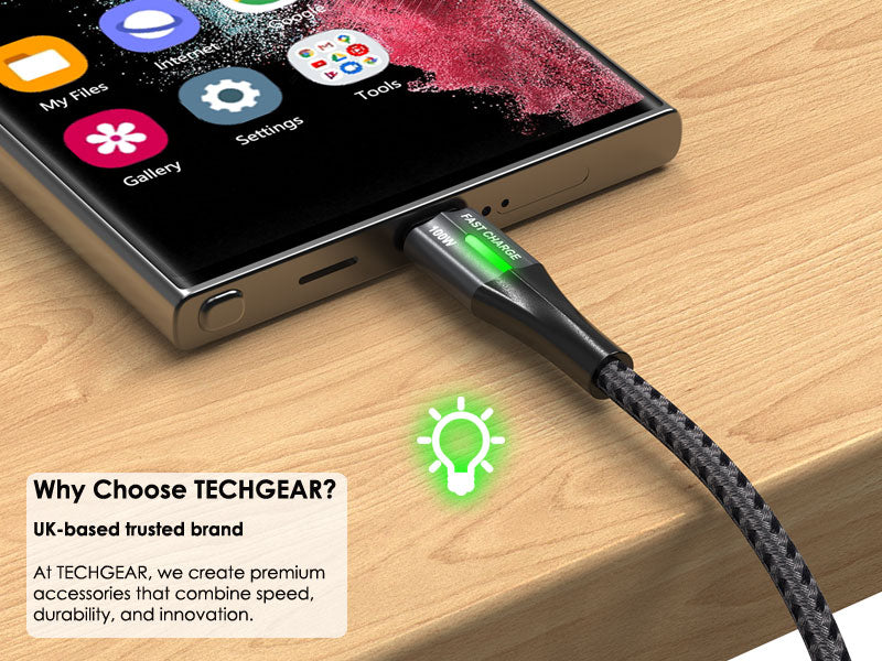 TECHGEAR 100 W USB-C to USB-C Fast Charging Cable with LED Power Display – PD 3.0 / QC 4.0 E-Marker, Nylon Braided – 0.3 m | 1 m | 2 m | 3 m | 2 Pack | 3 Pack