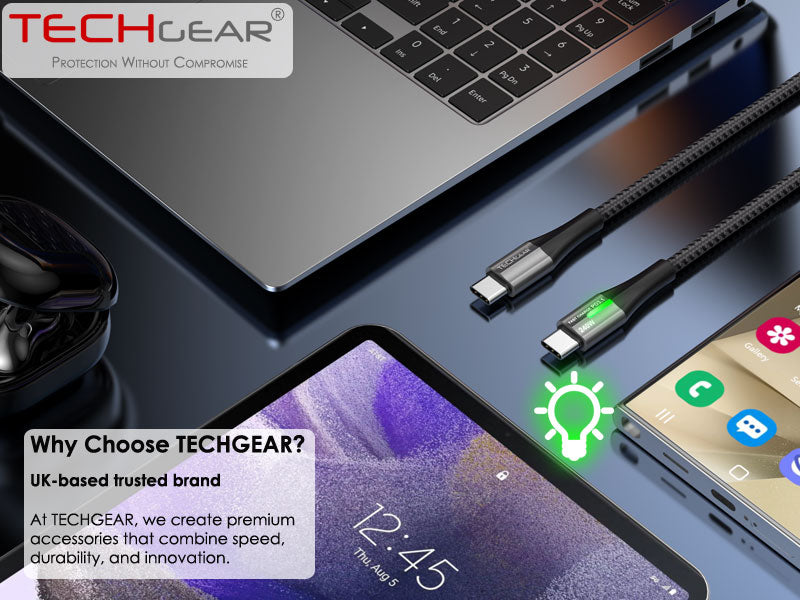 TECHGEAR 240 W USB-C to USB-C Super Fast Charging Cable with LED Light – PD 3.1 / 48 V 5 A, E-Marker, Nylon Braided – 0.3 m | 1 m | 2 m | 3 m | 2 Pack | 3 Pack