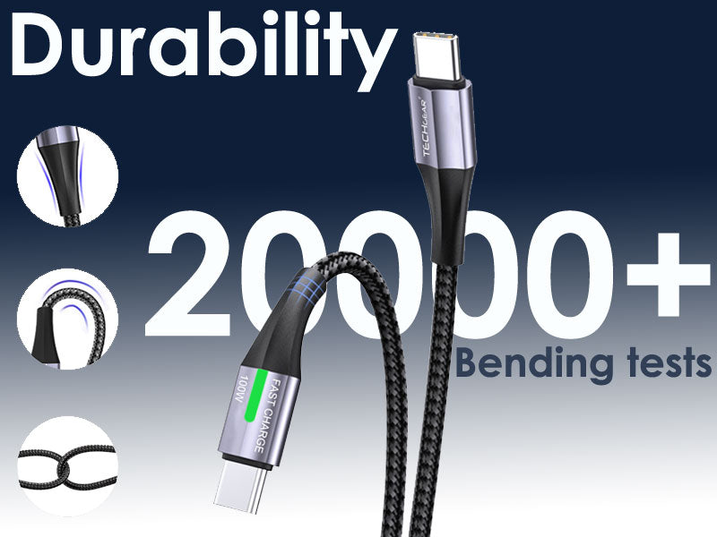 TECHGEAR 100 W USB-C to USB-C Fast Charging Cable with LED Power Display – PD 3.0 / QC 4.0 E-Marker, Nylon Braided – 0.3 m | 1 m | 2 m | 3 m | 2 Pack | 3 Pack