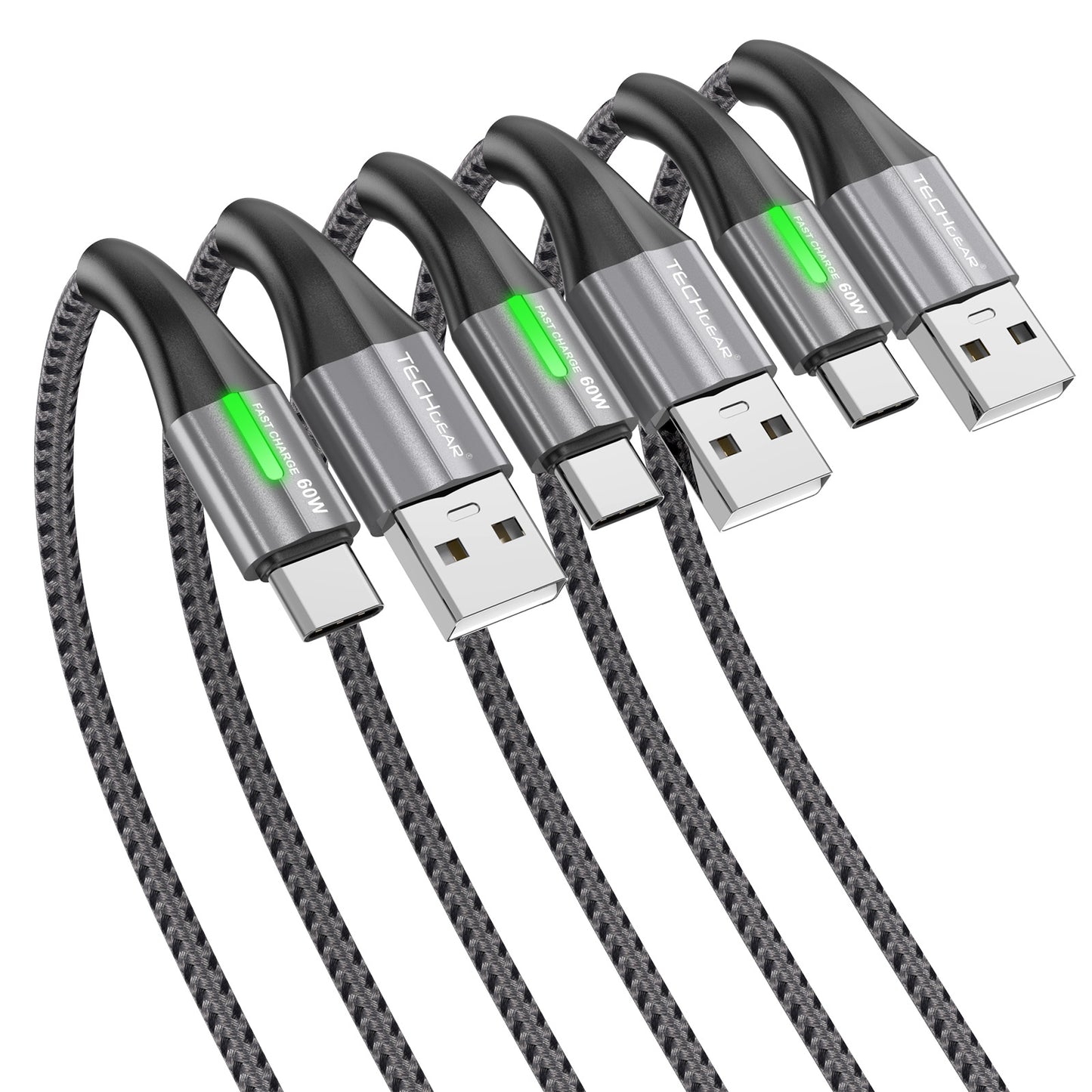 TECHGEAR 60 W USB-A to USB-C Fast Charging Cable with LED Light – 3A QC 3.0, Nylon Braided, 0.3 m | 1 m | 2 m | 3 m | 2 Pack | 3 Pack