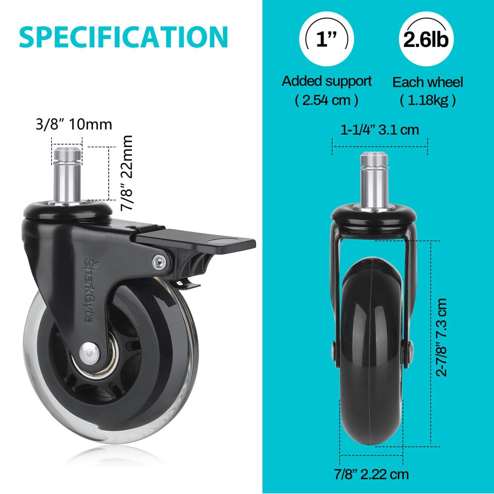 Office Chair Wheels Replacement Casters for ALL Floors inc Hardwood Floors, Ultra Heavy Duty Rollerblade Swivel Office Chair Castors - Universal fit (NOT IKEA)