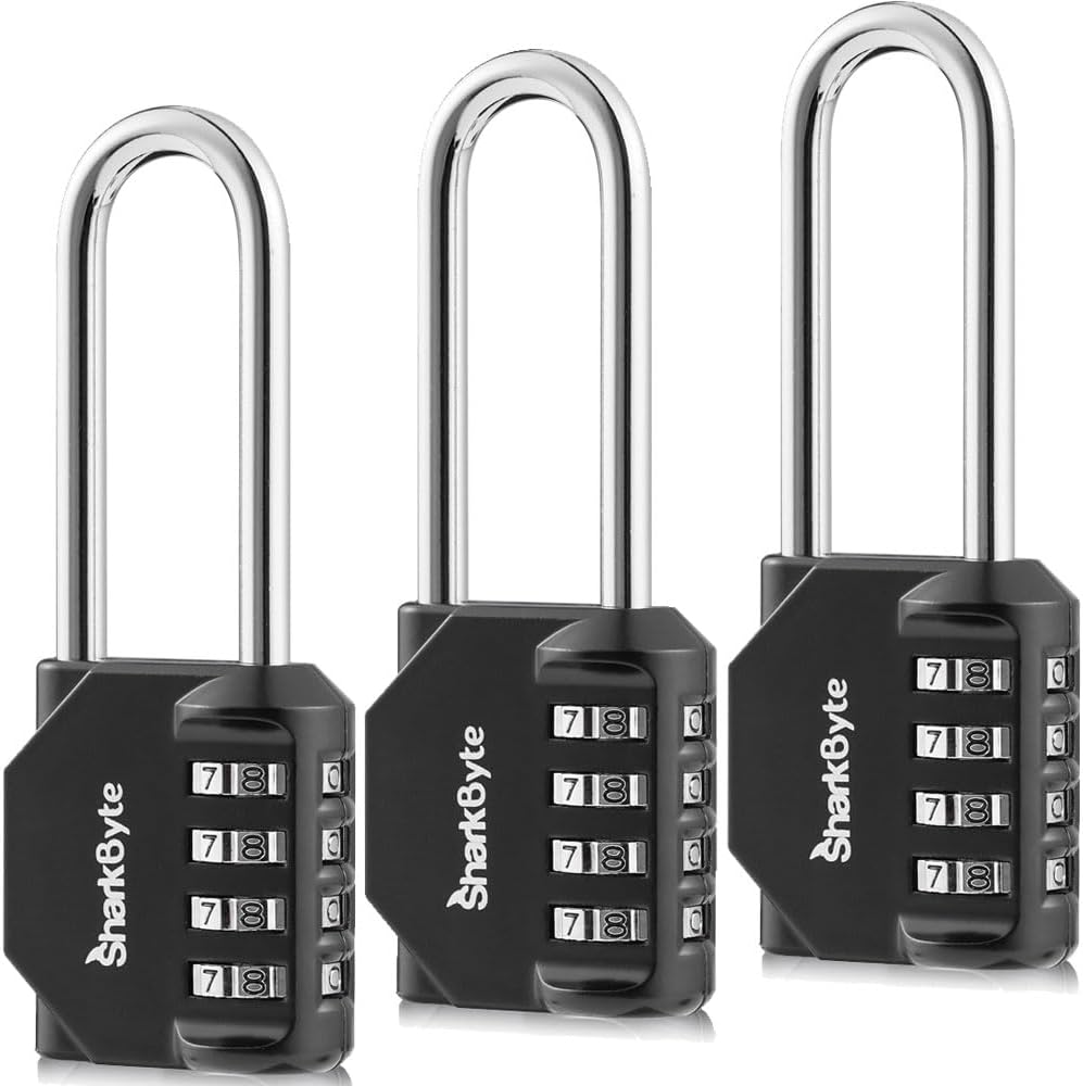 SharkByte 4-Dial Long Shackle Combination Padlock – 2.6" Heavy-Duty Weatherproof Lock for Gym, School, Shed, Garage, Fence & Toolbox (1 / 2 / 3 / 4 Pack)