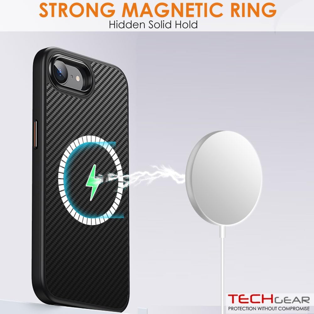 TECHGEAR Carbon Fibre Magnetic Case for iPhone 17e & 16e 6.1" – Slim Hybrid Shockproof Hard Back Cover with Metal Buttons & MagSafe Compatible