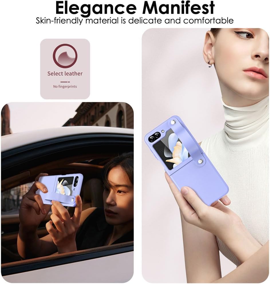 Samsung Galaxy Z Flip 5 Case, Z Flip 5 Leather Case with Leather Finger Holder, Hard PC Shockproof Case