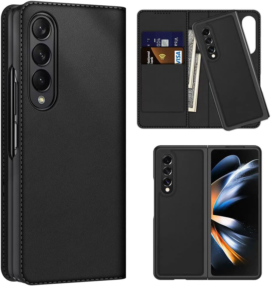 Galaxy Z Fold 5 Leather Wallet Case, Detachable Magnetic 2in1 Case with Screen Frame, Card Wallet & Stand - Black PU Leather for Samsung Z Fold 5