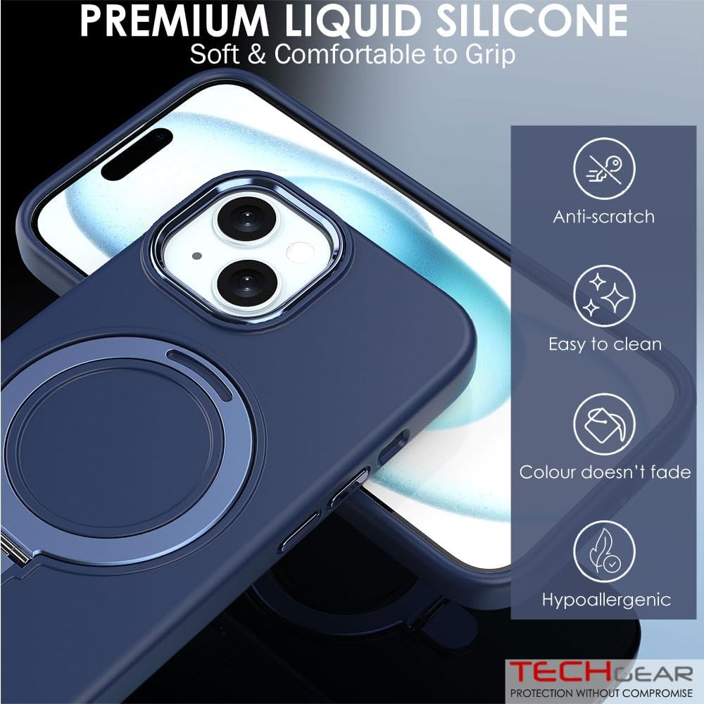 Premium Liquid Silicone Shockproof Anti-Scratch Magnetic Kickstand Case, Soft Microfibre Lining, Compatible with MagSafe Case for iPhone 15 6.1"