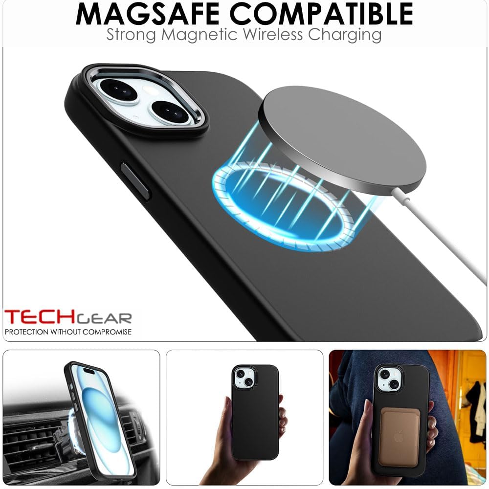 TECHGEAR iPhone 15 Magnetic Silicone Case, Premium Liquid Silicone Anti-Scratch Compatible with MagSafe Soft Gel Rubber, Microfibre Lining Shockproof Phone Case For iPhone 15 6.1" - Black